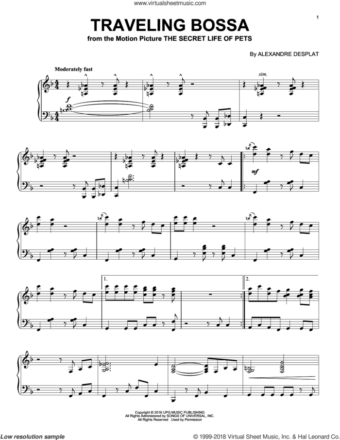 Traveling Bossa sheet music for piano solo by Alexandre Desplat, intermediate skill level
