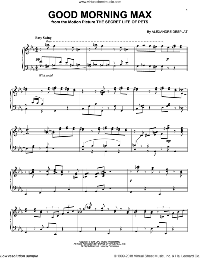 Good Morning Max sheet music for piano solo by Alexandre Desplat, classical score, intermediate skill level