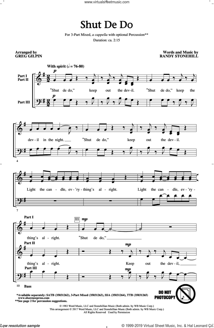 Shut de Do (arr. Greg Gilpin) sheet music for choir (3-Part Mixed) by Greg Gilpin and Randy Stonehill, intermediate skill level