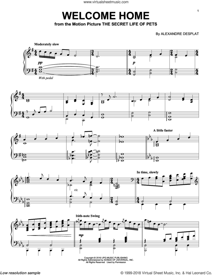 Welcome Home sheet music for piano solo by Alexandre Desplat, intermediate skill level