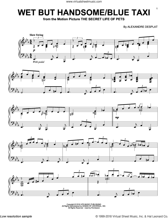 Wet But Handsome/Blue Taxi sheet music for piano solo by Alexandre Desplat, intermediate skill level