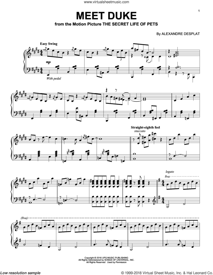 Meet Duke sheet music for piano solo by Alexandre Desplat, intermediate skill level