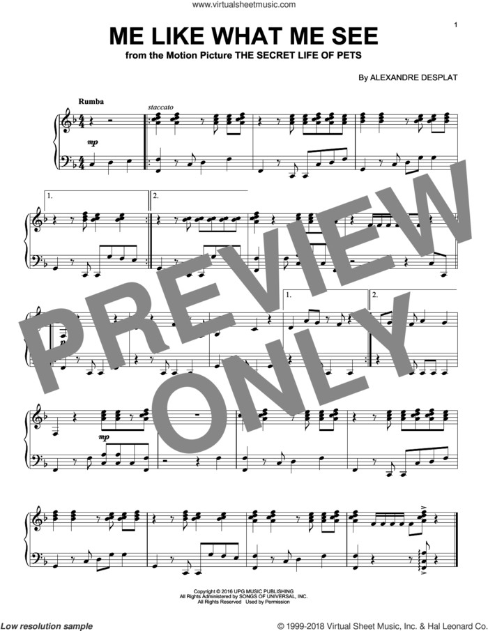 Me Like What Me See sheet music for piano solo by Alexandre Desplat, intermediate skill level