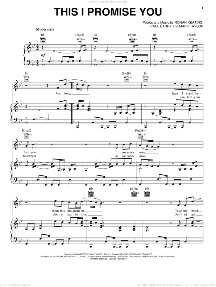 This I Promise You sheet music for voice, piano or guitar by Ronan Keating, Mark Taylor, Paul Barry and Roman Keating, wedding score, intermediate skill level