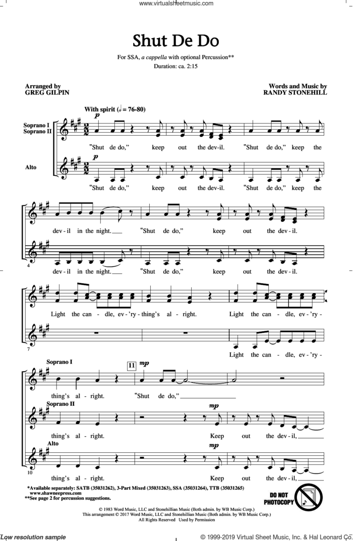 Shut de Do (arr. Greg Gilpin) sheet music for choir (SSA: soprano, alto) by Greg Gilpin and Randy Stonehill, intermediate skill level