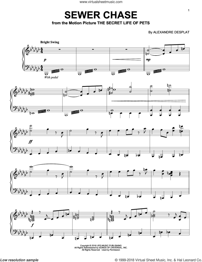 Sewer Chase sheet music for piano solo by Alexandre Desplat, intermediate skill level