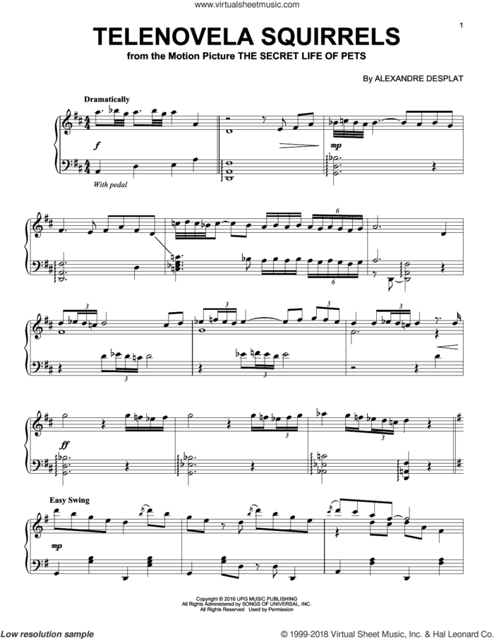 Telenovela Squirrels sheet music for piano solo by Alexandre Desplat, intermediate skill level