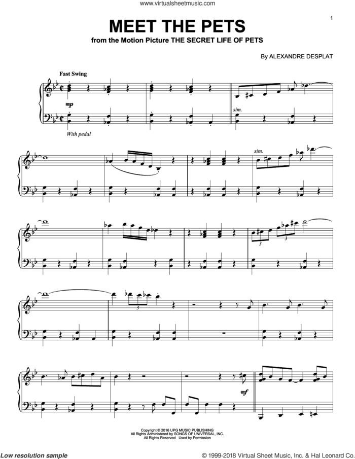 Meet The Pets sheet music for piano solo by Alexandre Desplat, intermediate skill level