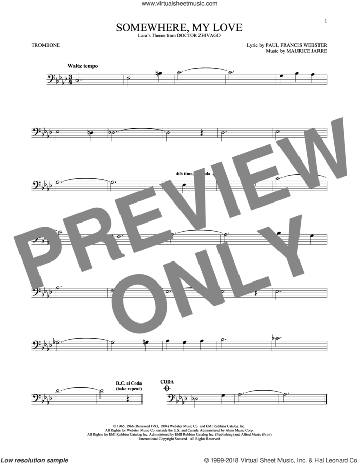 Somewhere, My Love sheet music for trombone solo by Paul Francis Webster and Maurice Jarre, intermediate skill level