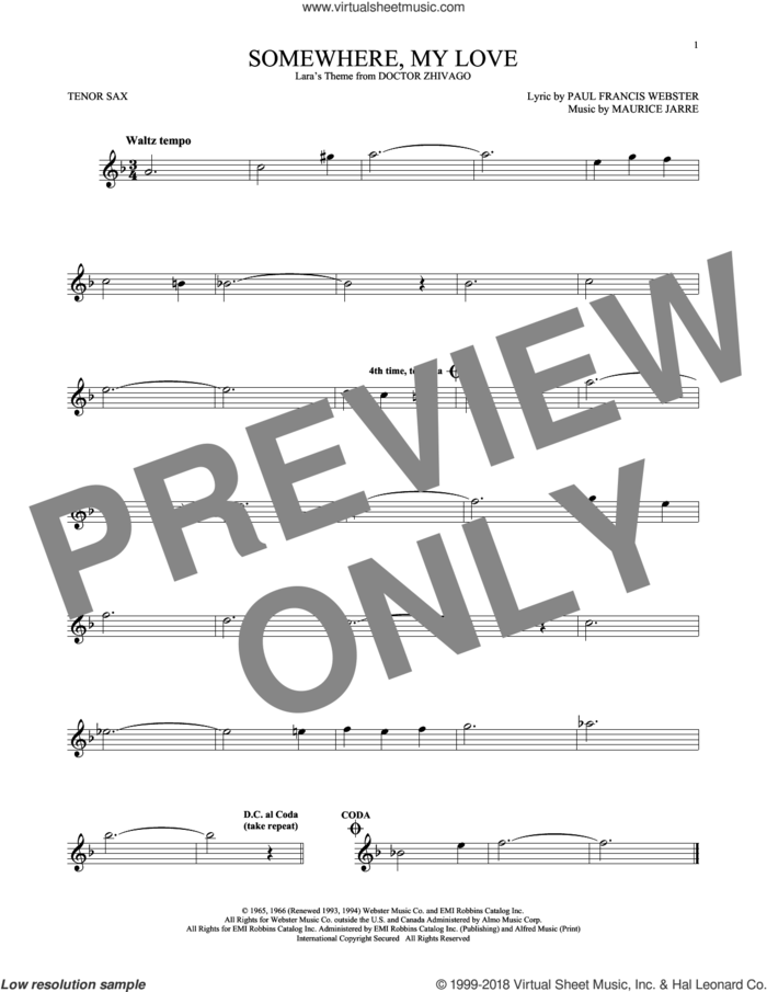 Somewhere, My Love sheet music for tenor saxophone solo by Paul Francis Webster and Maurice Jarre, intermediate skill level