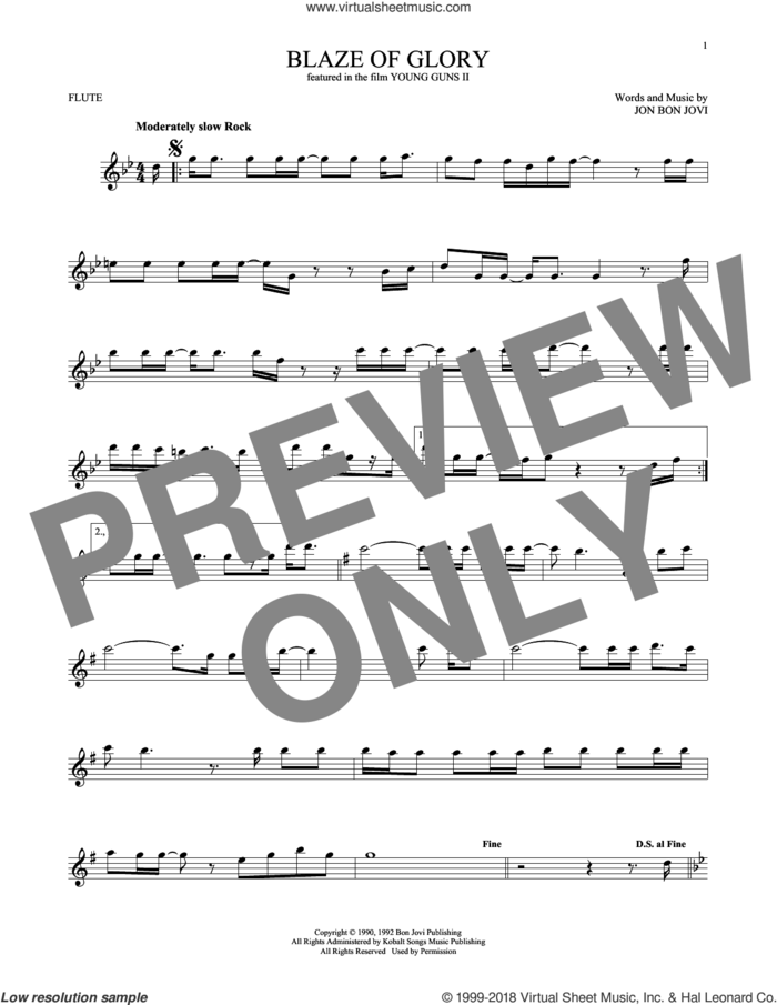 Blaze Of Glory sheet music for flute solo by Bon Jovi, intermediate skill level