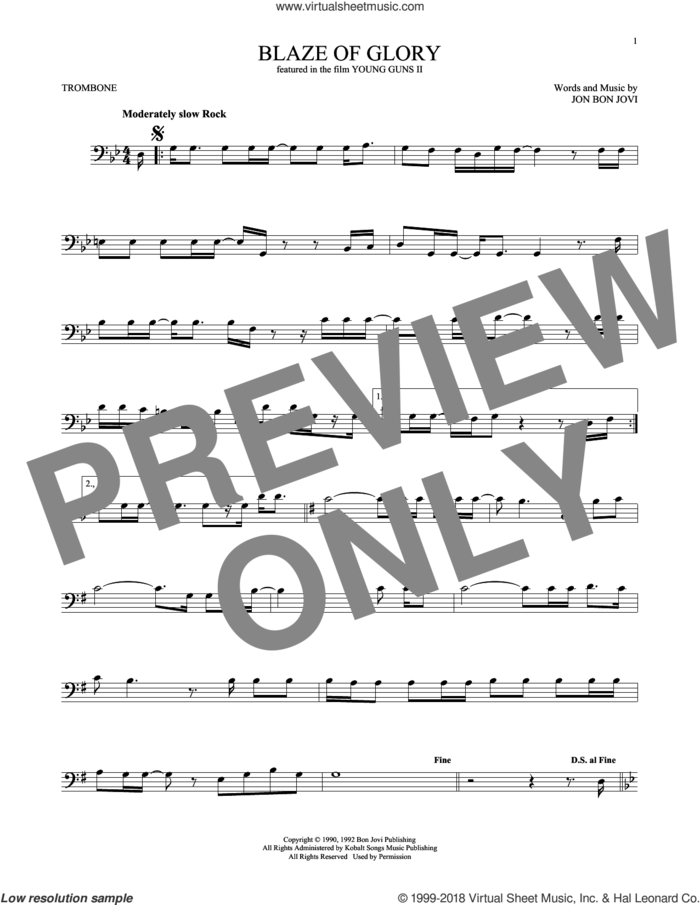 Blaze Of Glory sheet music for trombone solo by Bon Jovi, intermediate skill level