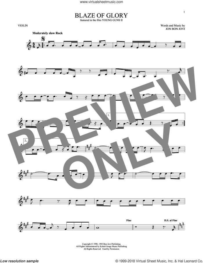 Blaze Of Glory sheet music for violin solo by Bon Jovi, intermediate skill level