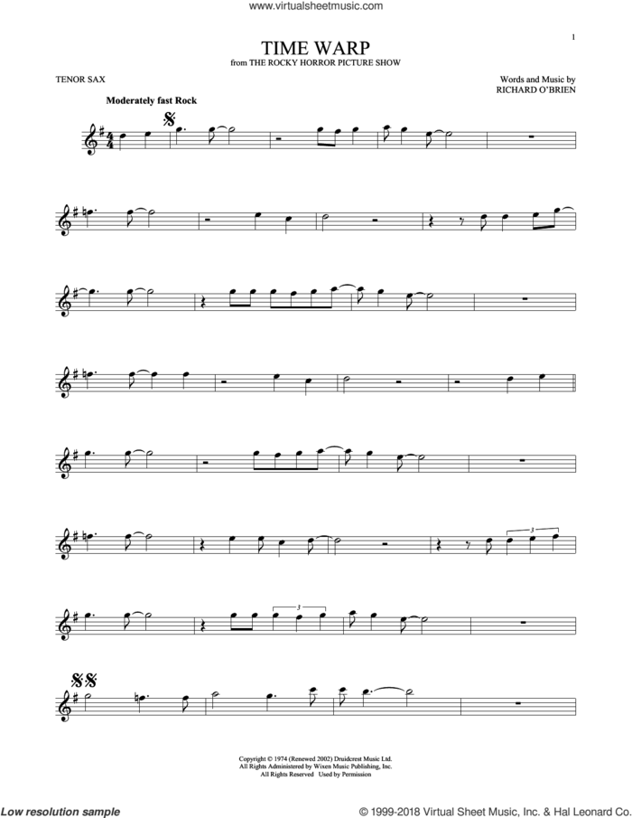 Time Warp sheet music for tenor saxophone solo by Richard O'Brien, intermediate skill level