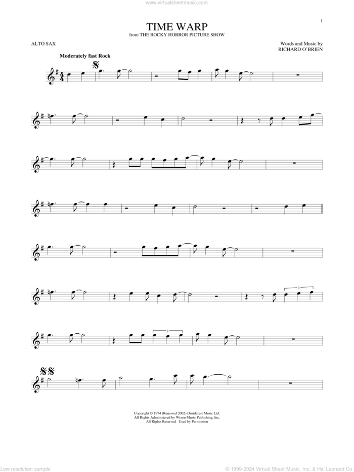 Time Warp sheet music for alto saxophone solo by Richard O'Brien, intermediate skill level