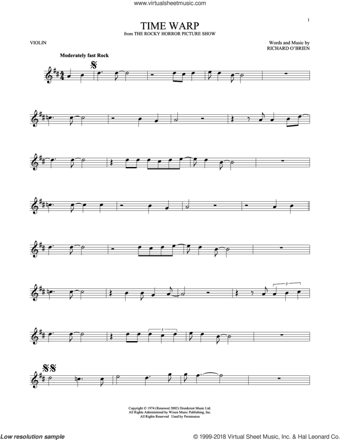Time Warp sheet music for violin solo by Richard O'Brien, intermediate skill level