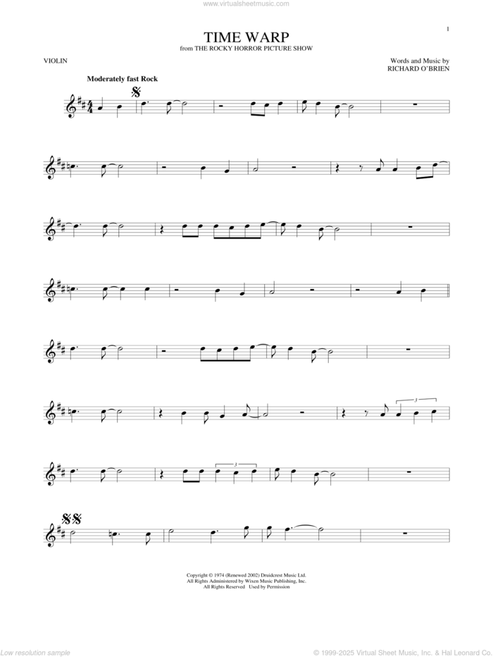 Time Warp sheet music for violin solo by Richard O'Brien, intermediate skill level