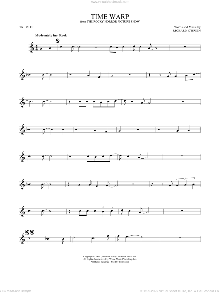 Time Warp sheet music for trumpet solo by Richard O'Brien, intermediate skill level