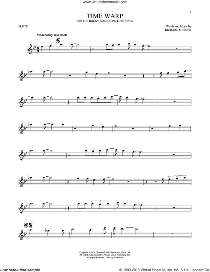 Time Warp sheet music for flute solo by Richard O'Brien, intermediate skill level