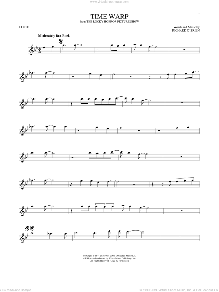 Time Warp sheet music for flute solo by Richard O'Brien, intermediate skill level