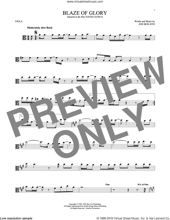 Blaze Of Glory sheet music for viola solo by Bon Jovi, intermediate skill level