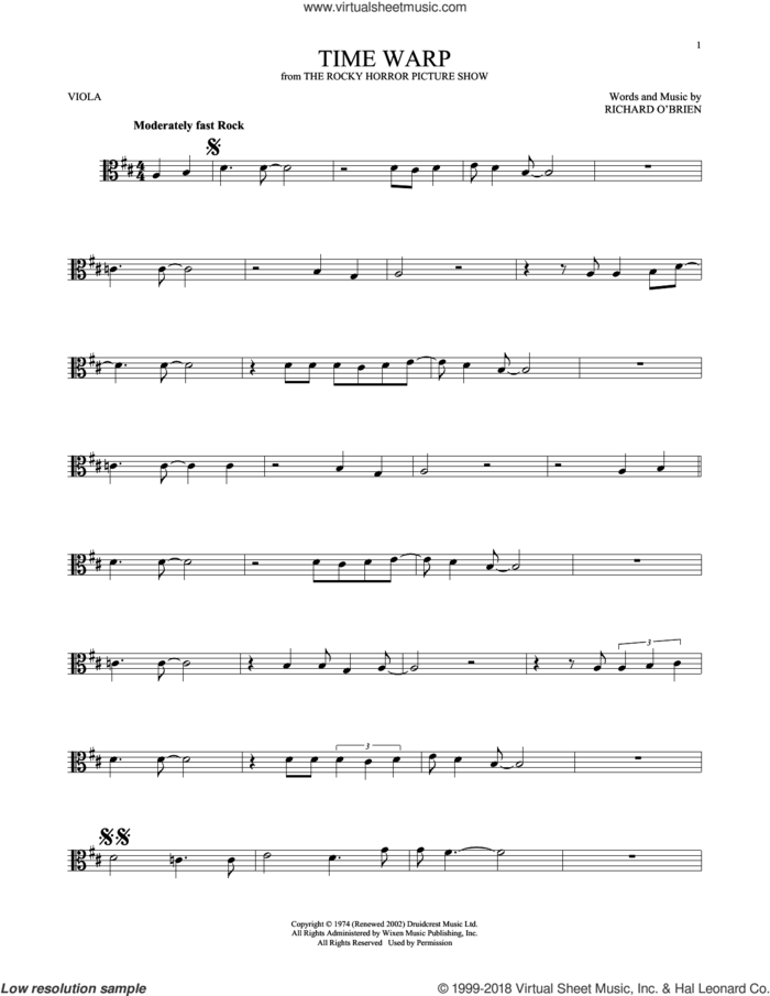 Time Warp sheet music for viola solo by Richard O'Brien, intermediate skill level