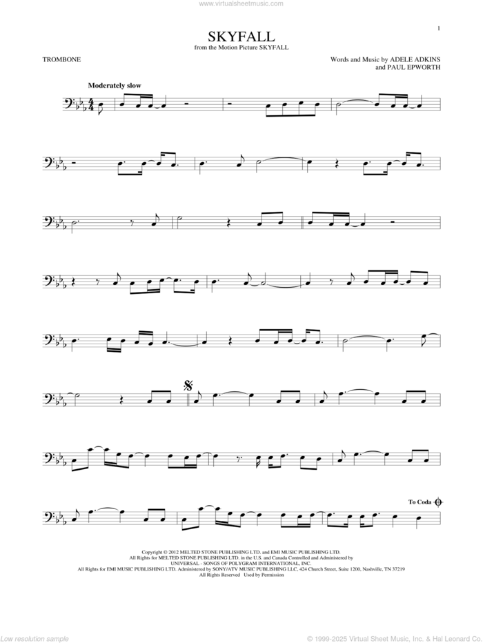 Skyfall sheet music for trombone solo by Adele, Adele Adkins and Paul Epworth, intermediate skill level