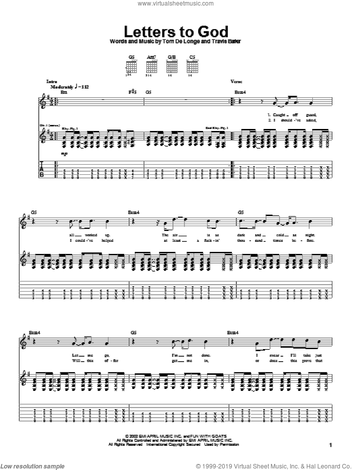 Letters To God sheet music for guitar (tablature) by Box Car Racer, Tom DeLonge and Travis Barker, intermediate skill level