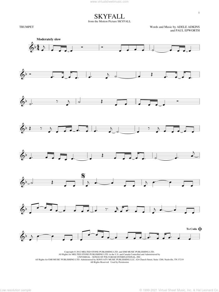 Skyfall sheet music for trumpet solo by Adele, Adele Adkins and Paul Epworth, intermediate skill level