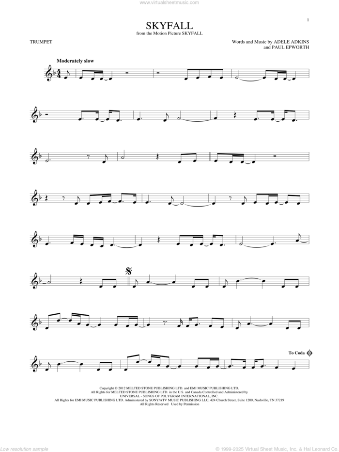 Skyfall sheet music for trumpet solo by Adele, Adele Adkins and Paul Epworth, intermediate skill level