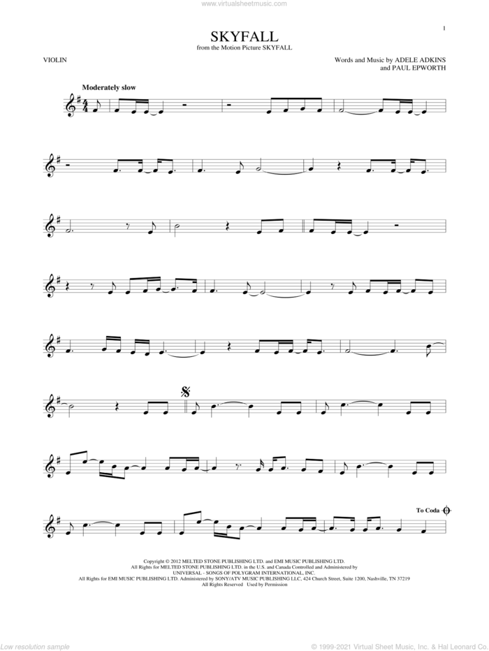 Skyfall sheet music for violin solo by Adele, Adele Adkins and Paul Epworth, intermediate skill level