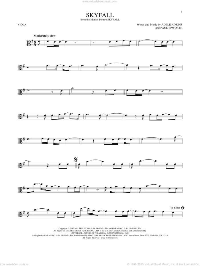 Skyfall sheet music for viola solo by Adele, Adele Adkins and Paul Epworth, intermediate skill level