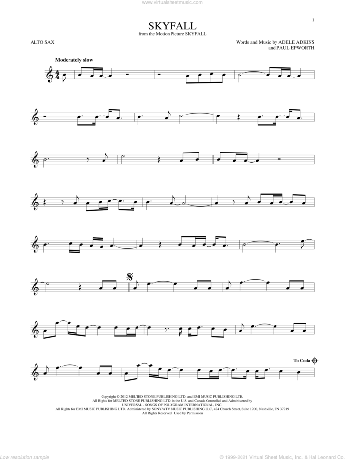 Skyfall sheet music for alto saxophone solo by Adele, Adele Adkins and Paul Epworth, intermediate skill level