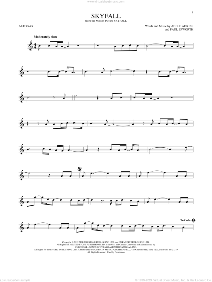 Skyfall sheet music for alto saxophone solo by Adele, Adele Adkins and Paul Epworth, intermediate skill level