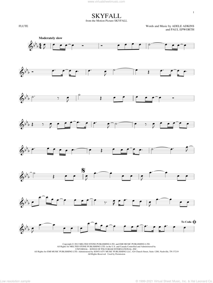 Skyfall sheet music for flute solo by Adele, Adele Adkins and Paul Epworth, intermediate skill level