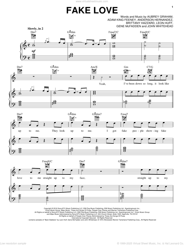 Fake Love sheet music for voice, piano or guitar by Drake, Adam King Feeney, Anderson Hernandez, Aubrey Graham and Brittany Hazzard, intermediate skill level