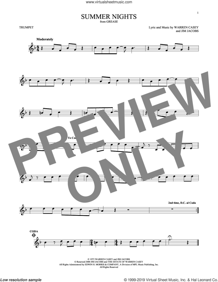 Summer Nights sheet music for trumpet solo by Jim Jacobs and Warren Casey, intermediate skill level