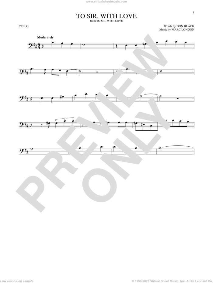 To Sir, With Love sheet music for cello solo by Lulu, Don Black and Marc London, intermediate skill level