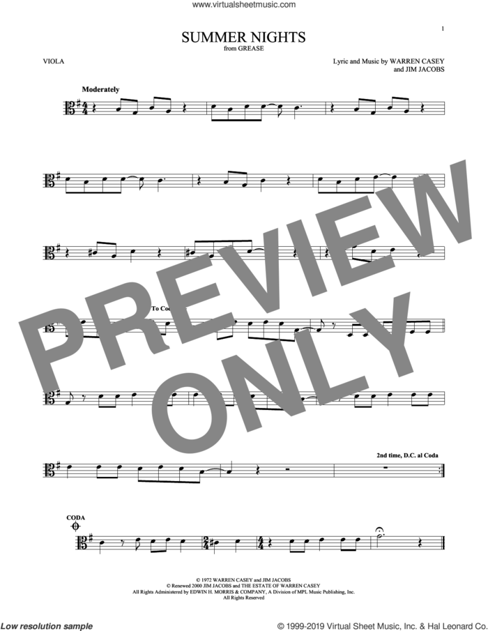 Summer Nights sheet music for viola solo by Jim Jacobs and Warren Casey, intermediate skill level