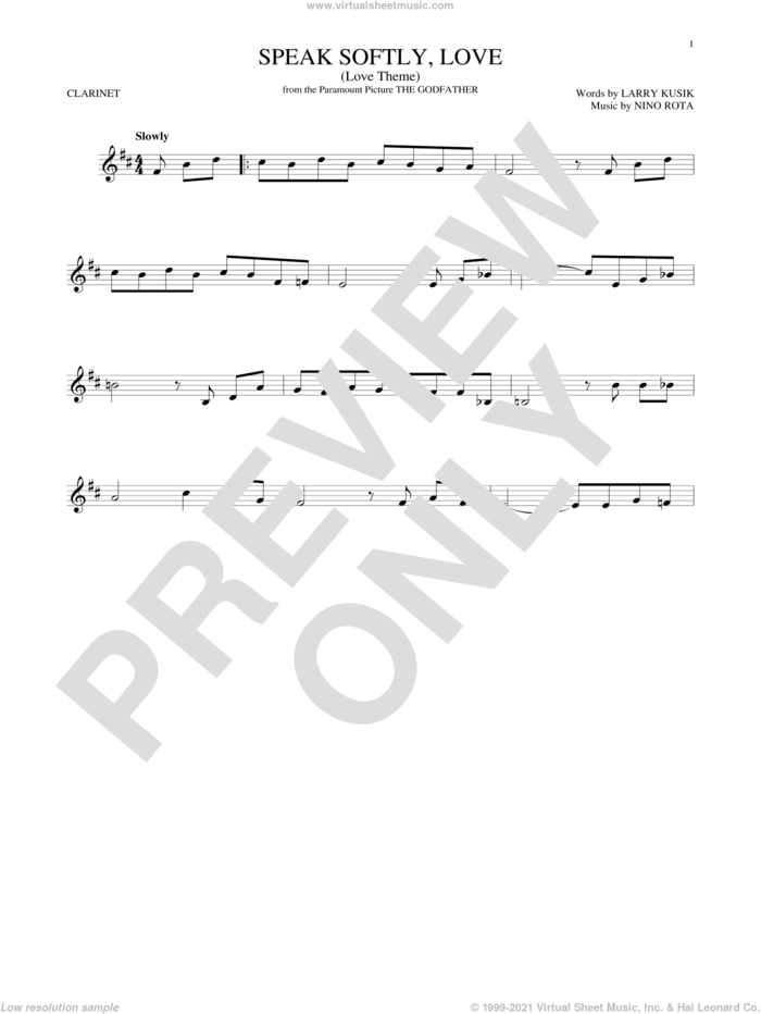 Speak Softly, Love (Love Theme) sheet music for clarinet solo by Andy Williams, Larry Kusik and Nino Rota, intermediate skill level