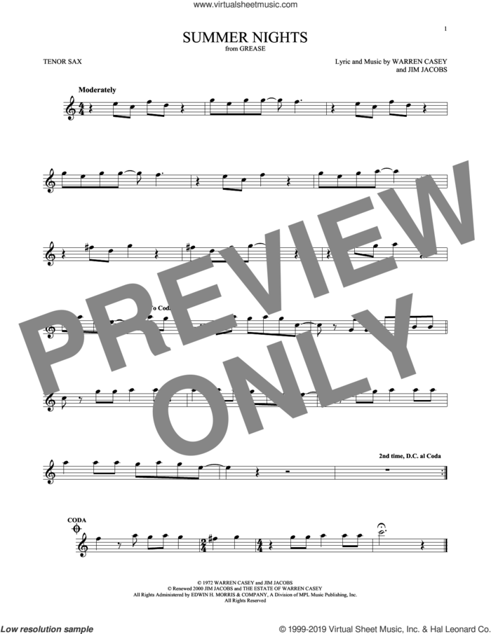 Summer Nights sheet music for tenor saxophone solo by Jim Jacobs and Warren Casey, intermediate skill level