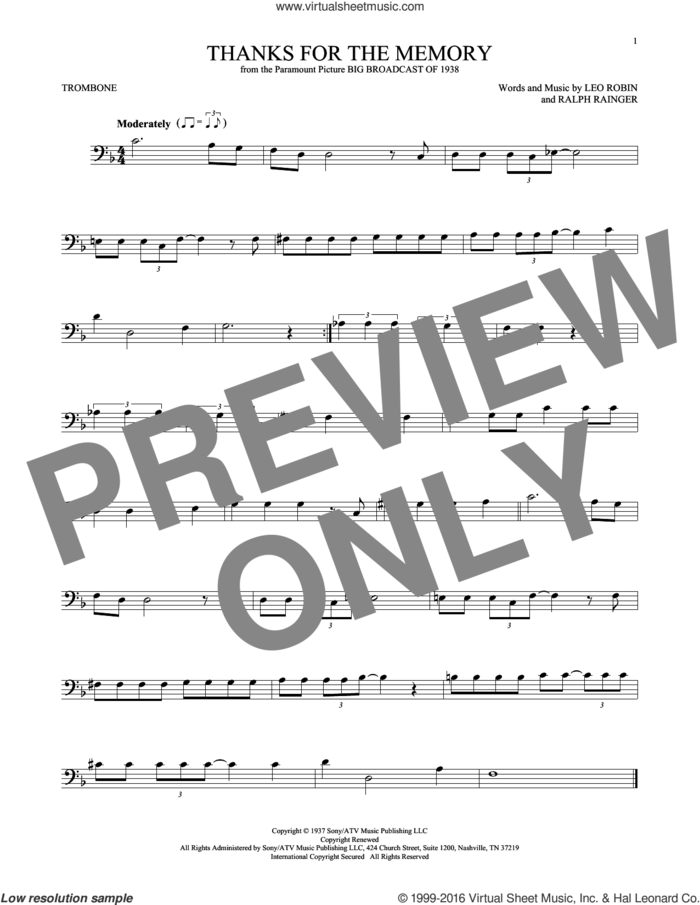 Thanks For The Memory sheet music for trombone solo by Leo Robin, Dave McKenna, Mildred Bailey, Shep Fields and Ralph Rainger, intermediate skill level