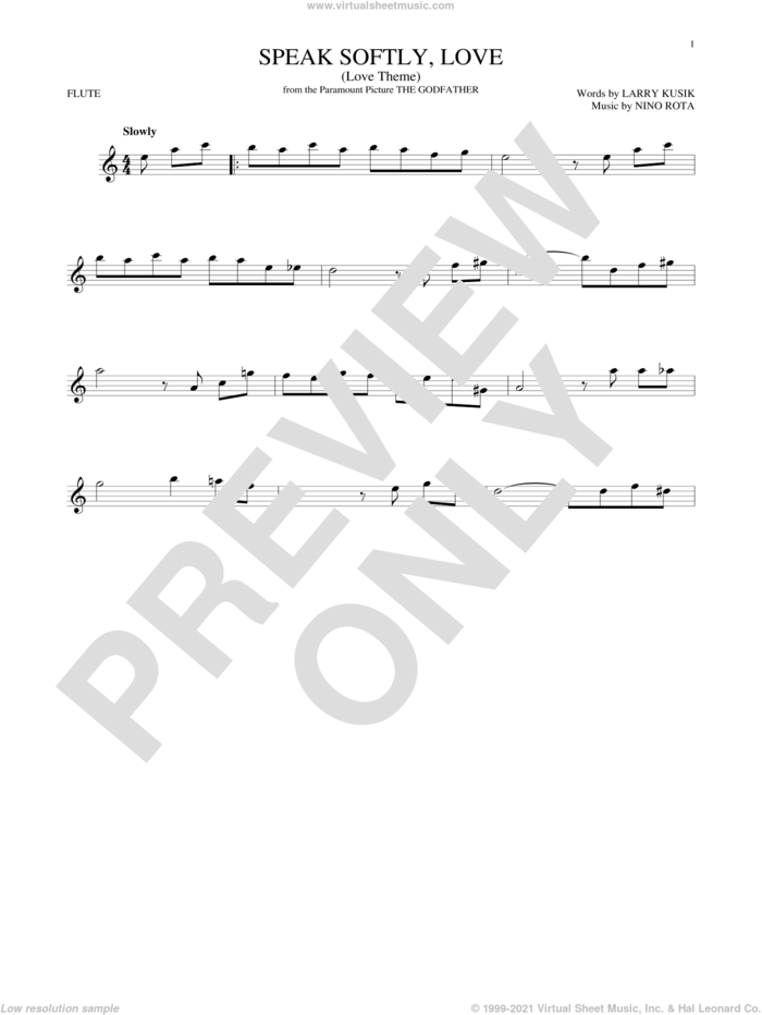 Speak Softly, Love (Love Theme) sheet music for flute solo by Andy Williams, Larry Kusik and Nino Rota, intermediate skill level