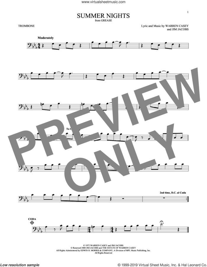 Summer Nights sheet music for trombone solo by Jim Jacobs and Warren Casey, intermediate skill level