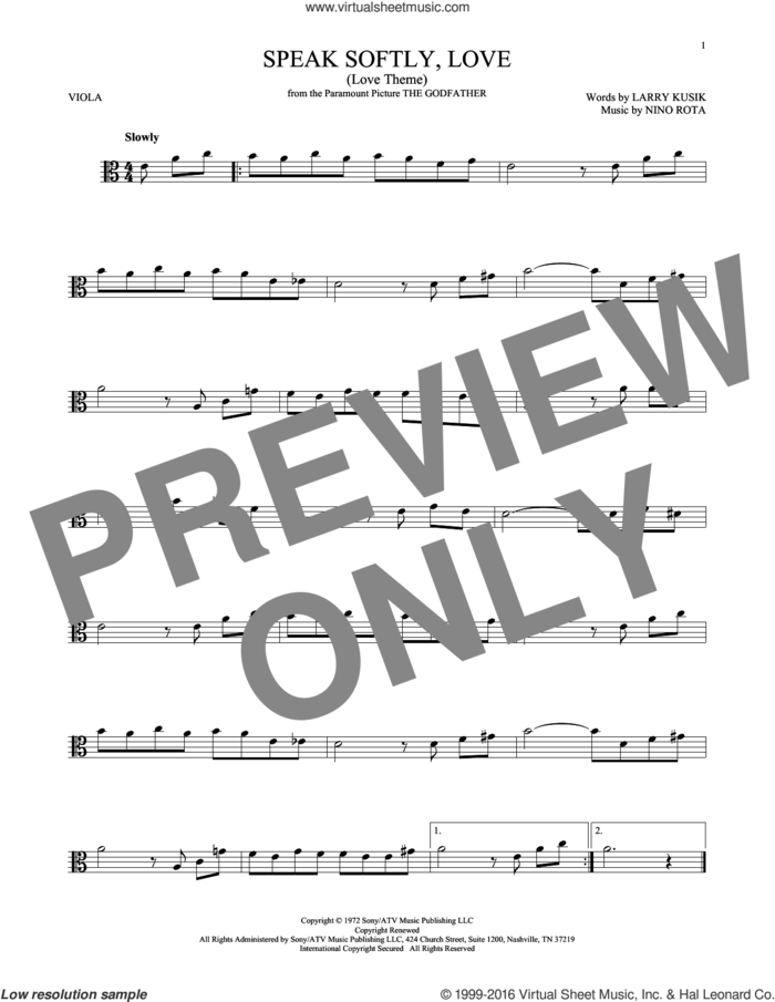 Speak Softly, Love (Love Theme) sheet music for viola solo by Andy Williams, Larry Kusik and Nino Rota, intermediate skill level