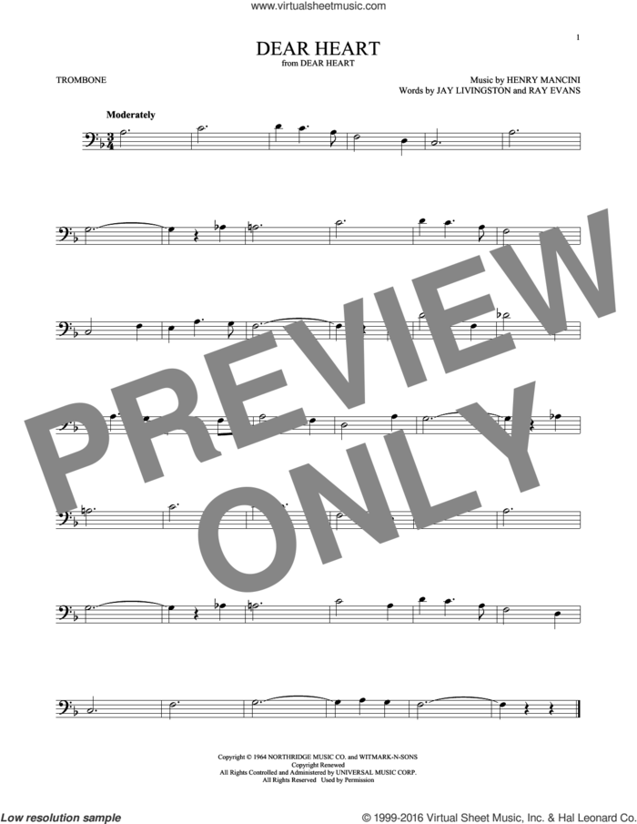 Dear Heart sheet music for trombone solo by Henry Mancini, Jay Livingston and Ray Evans, intermediate skill level