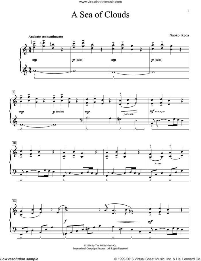 A Sea Of Clouds sheet music for piano solo (elementary) by Naoko Ikeda, beginner piano (elementary)