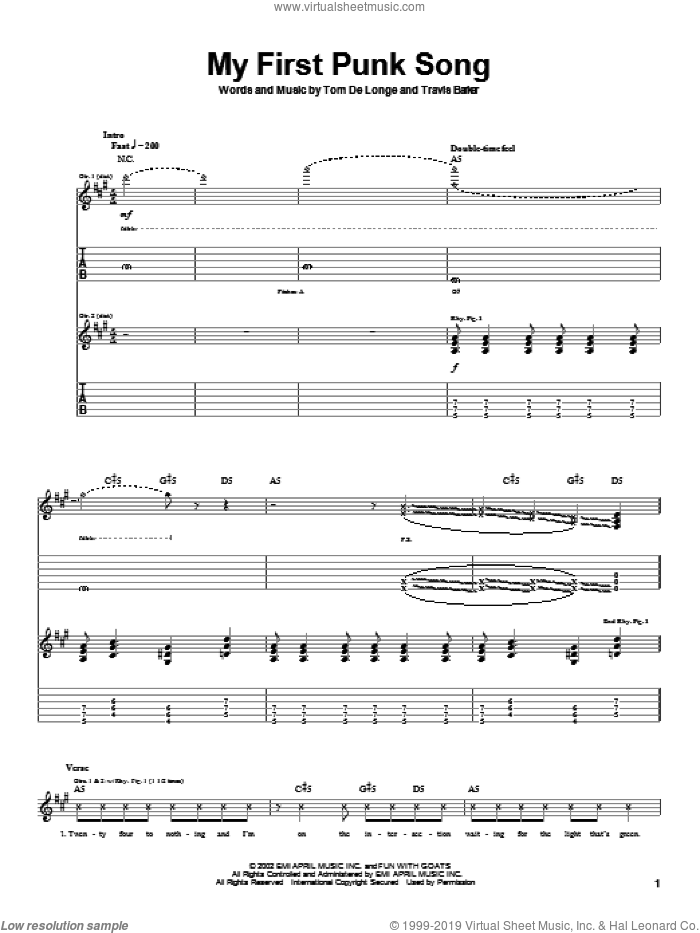 My First Punk Song sheet music for guitar (tablature) by Box Car Racer, Tom DeLonge and Travis Barker, intermediate skill level