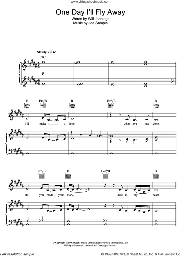One Day I'll Fly Away sheet music for voice, piano or guitar by Vaults, Nicole Kidman, Randy Crawford, Joe Sample and Will Jennings, intermediate skill level