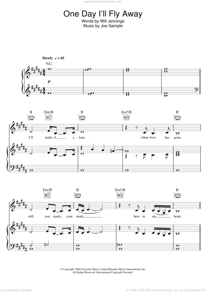 One Day I'll Fly Away sheet music for voice, piano or guitar by Vaults, Nicole Kidman, Randy Crawford, Joe Sample and Will Jennings, intermediate skill level